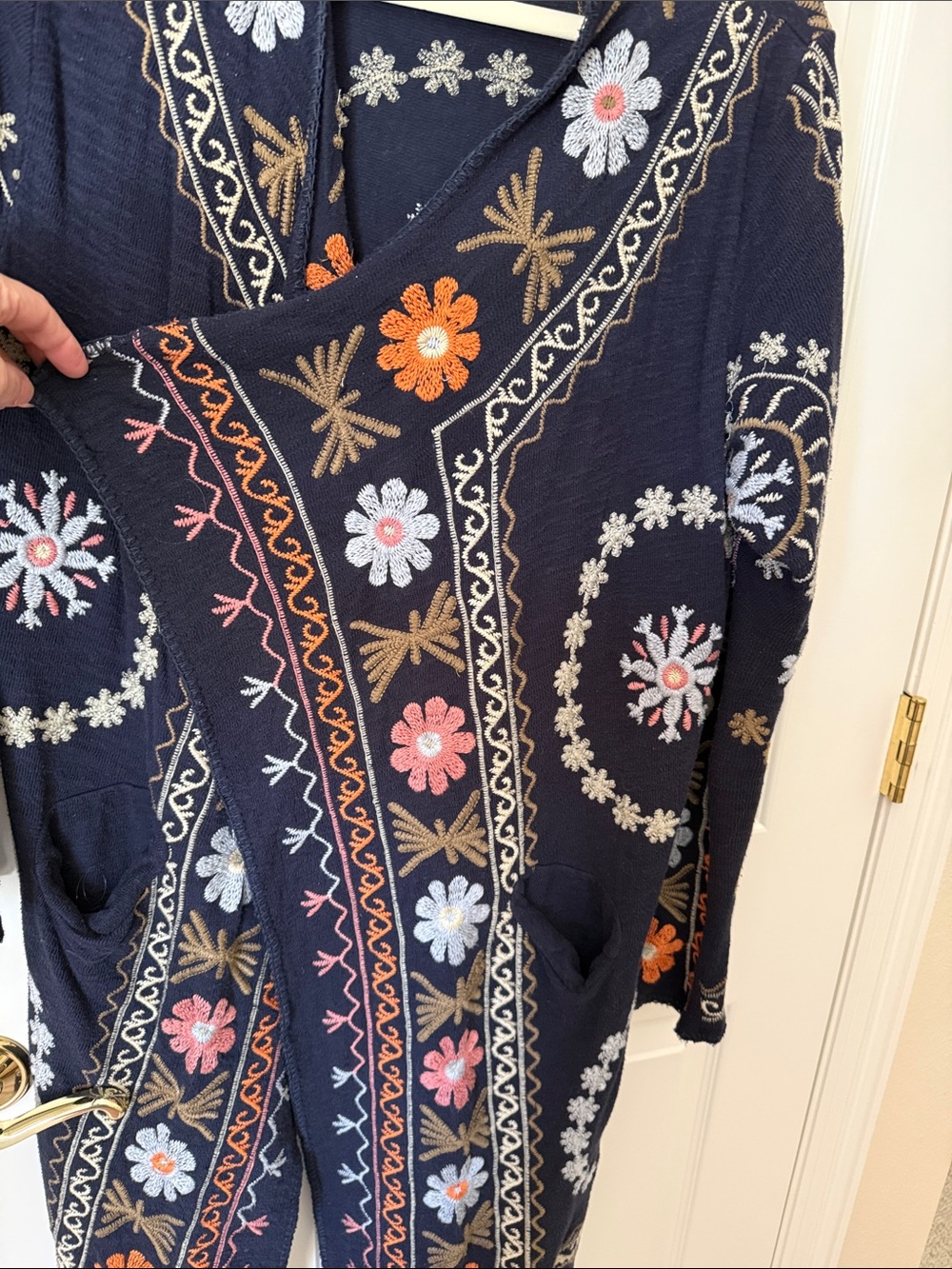 Johnny Was Biya Navy w/ multi colored embroidered Floral Open Cardigan, size M - Picture 6 of 11